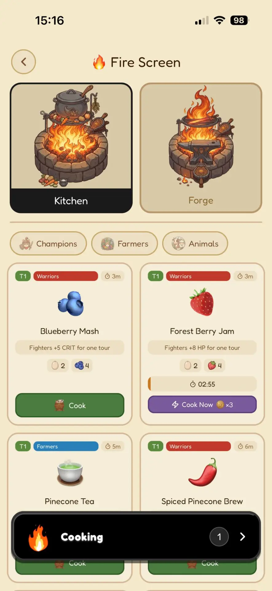 Forest Fighters cooking screen
