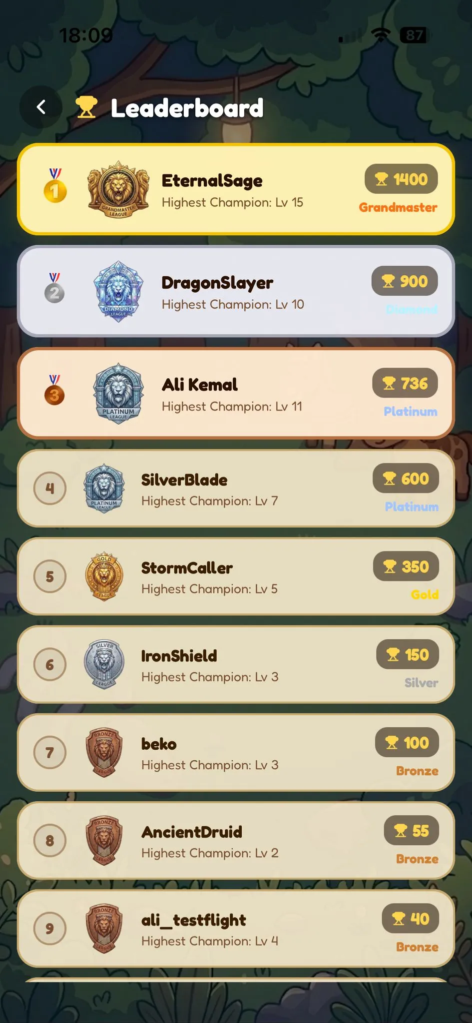 Forest Fighters league screen